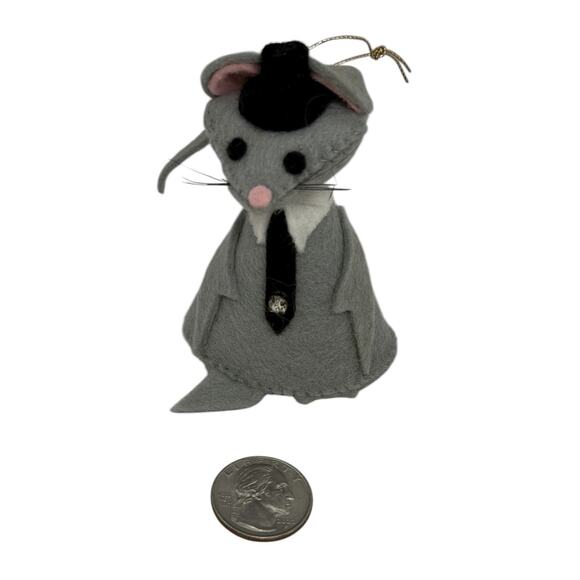 Vintage Gray Wool Felted Mouse Ornament Black Top Hat Collar Tie Handcrafted - Picture 11 of 12